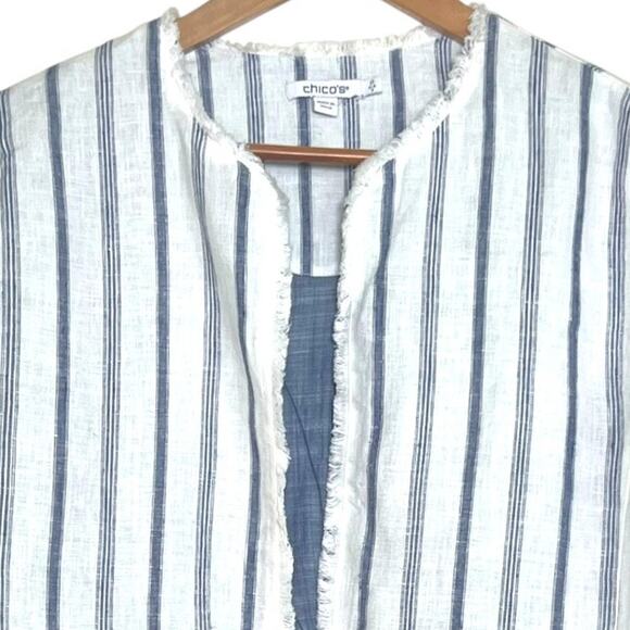 Chico's Size 0 (S/4) Stripe Linen Frayed Open Front Jacket Lined Career Wear - Picture 4 of 12